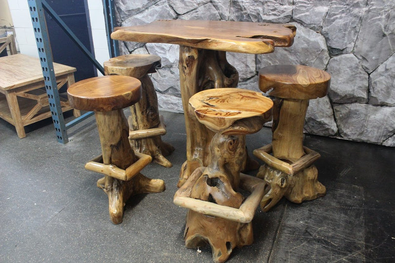 Teak Root Bar Leaner & 4 Stools - All from Teak Root