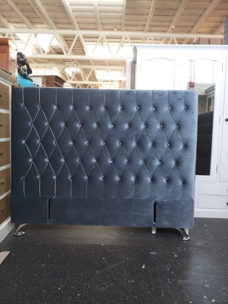 Dahlia Buttoned Double Headboard - Blueish Grey Velvet