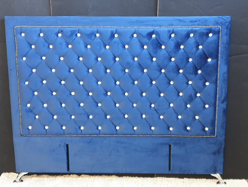 Ancona Buttoned Super King Headboard - Navy Blue Velvet with Crystals