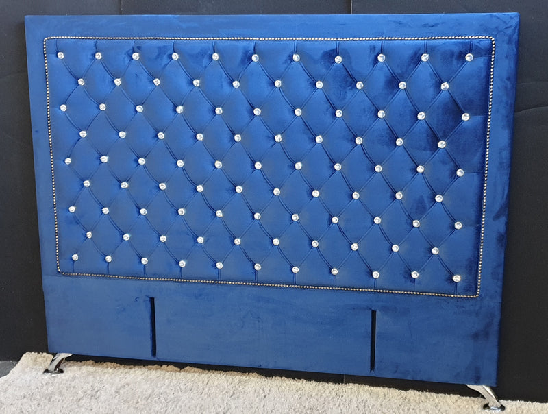 Ancona Buttoned Super King Headboard - Navy Blue Velvet with Crystals