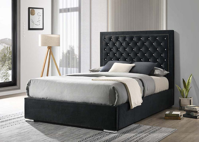 Ancona Headboard and Bed Frame - Queen Size -  BLACK Velvet WITH CRYSTAL